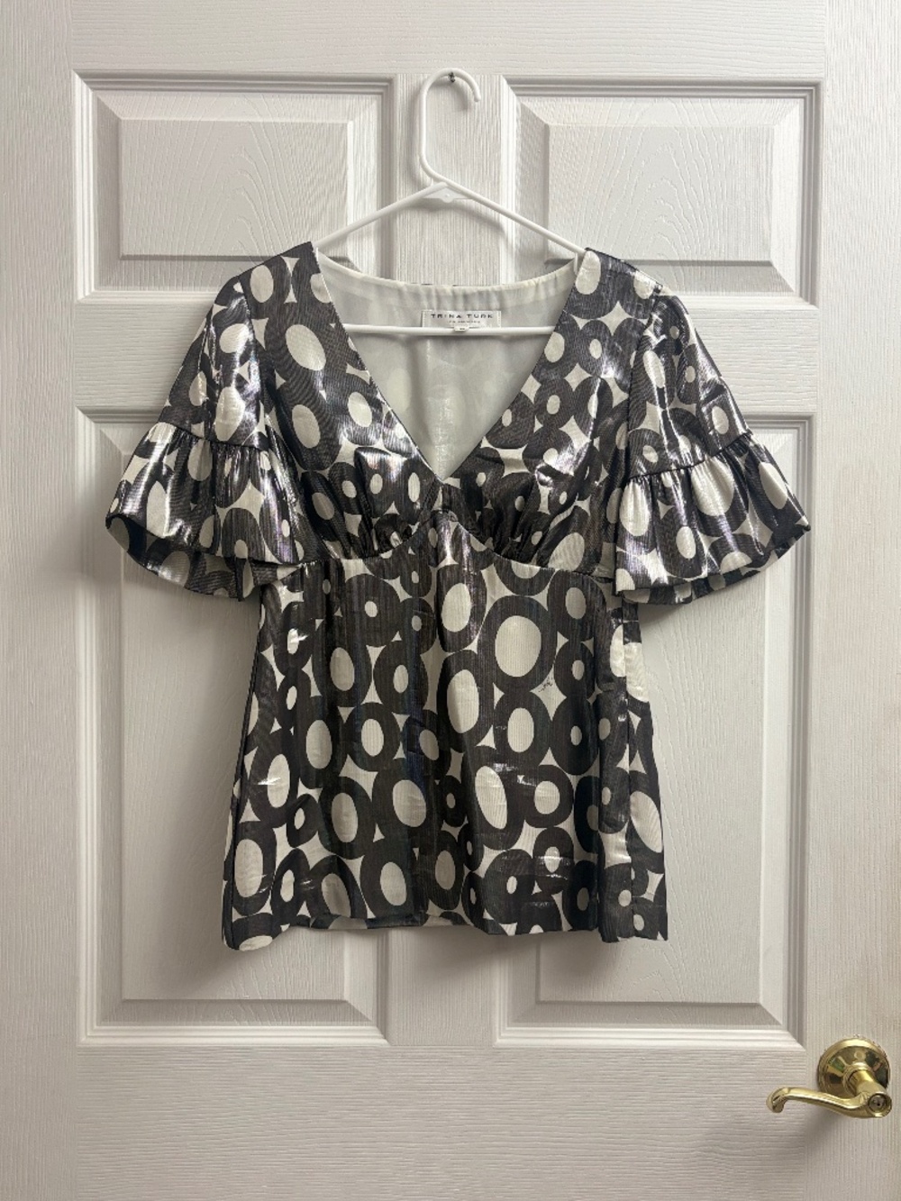 Trina Turk Abstract Metallic Women's Patterned Babydoll Ruffle Sleeve Blouse
